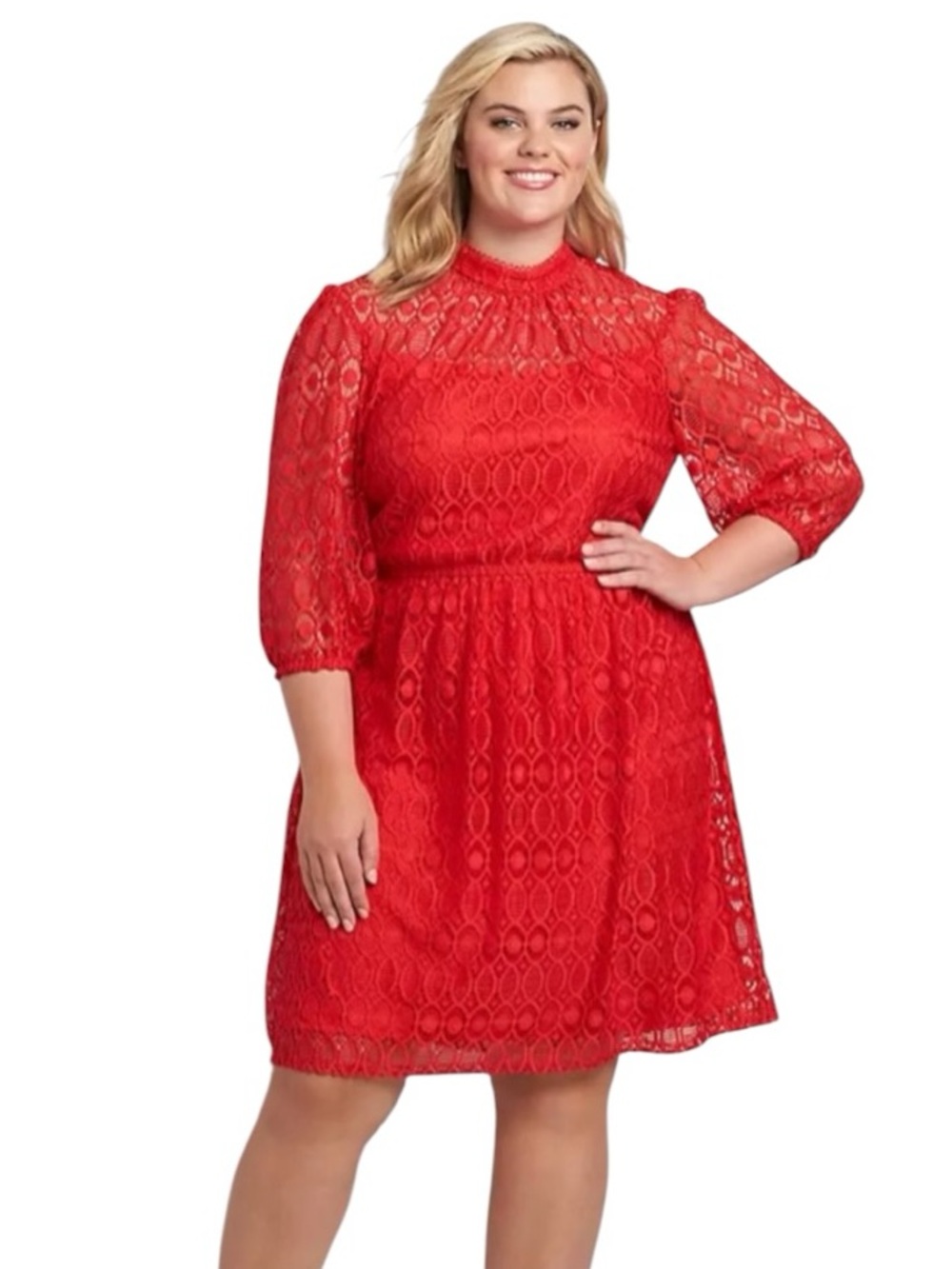 Lane Bryant Fit & Flare Mock Neck Embroidery Lace Knee Length Dress in Red